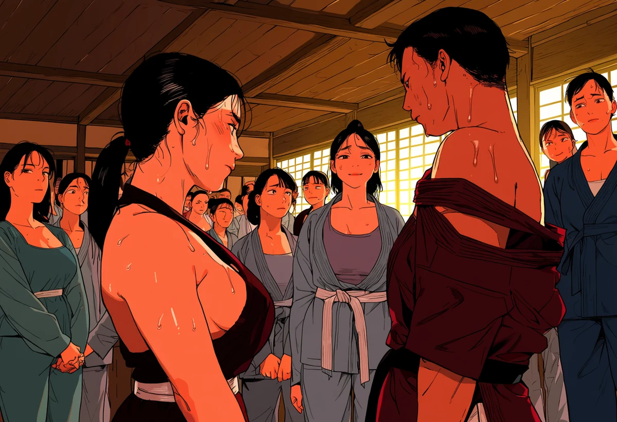 an adult couple age 34 and 36 alone in a wooden dojo after sparring, gi tops pulled off the shoulders, sweat, low evening light through shoji, adult martial arts manhwa art style
