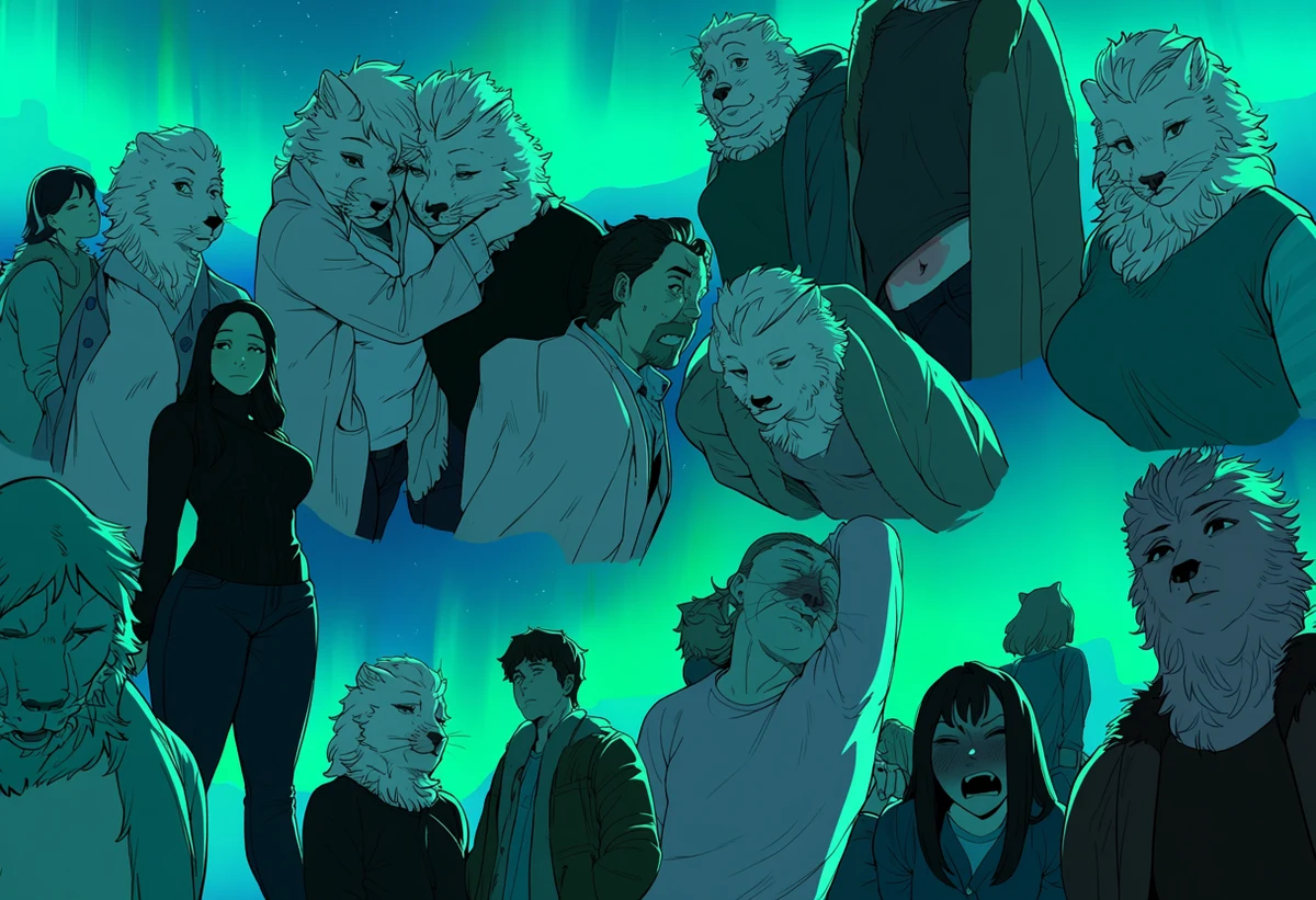 an anthro adult arctic hare man age 36 and his adult anthro partner in a fur-lined den under aurora light, green sky glow on white fur, explicit furry adult art style