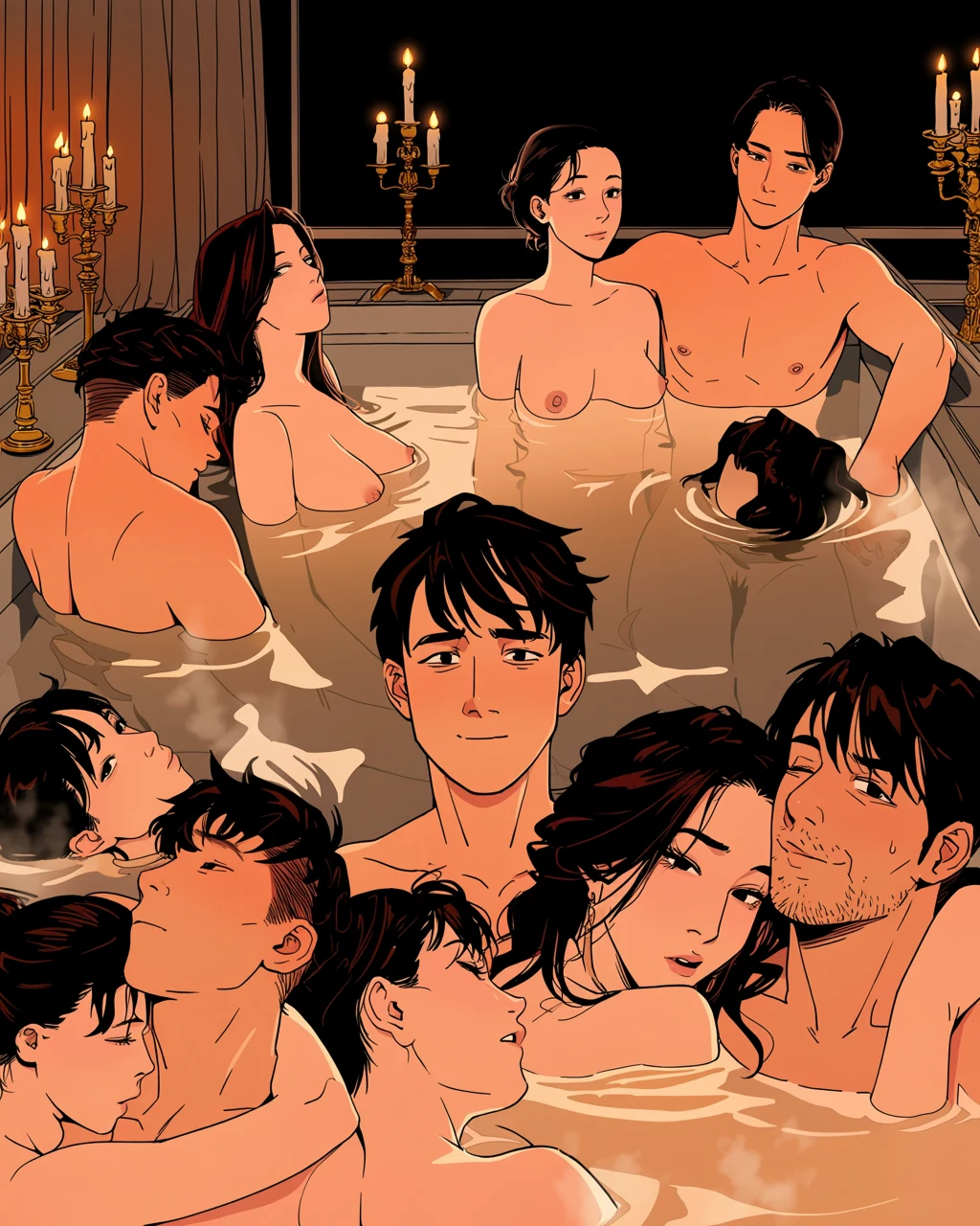 an adult couple age 48 and 46 sharing a deep bath by candlelight, one leaning back against the other's chest, steam, mature adult manhwa art style
