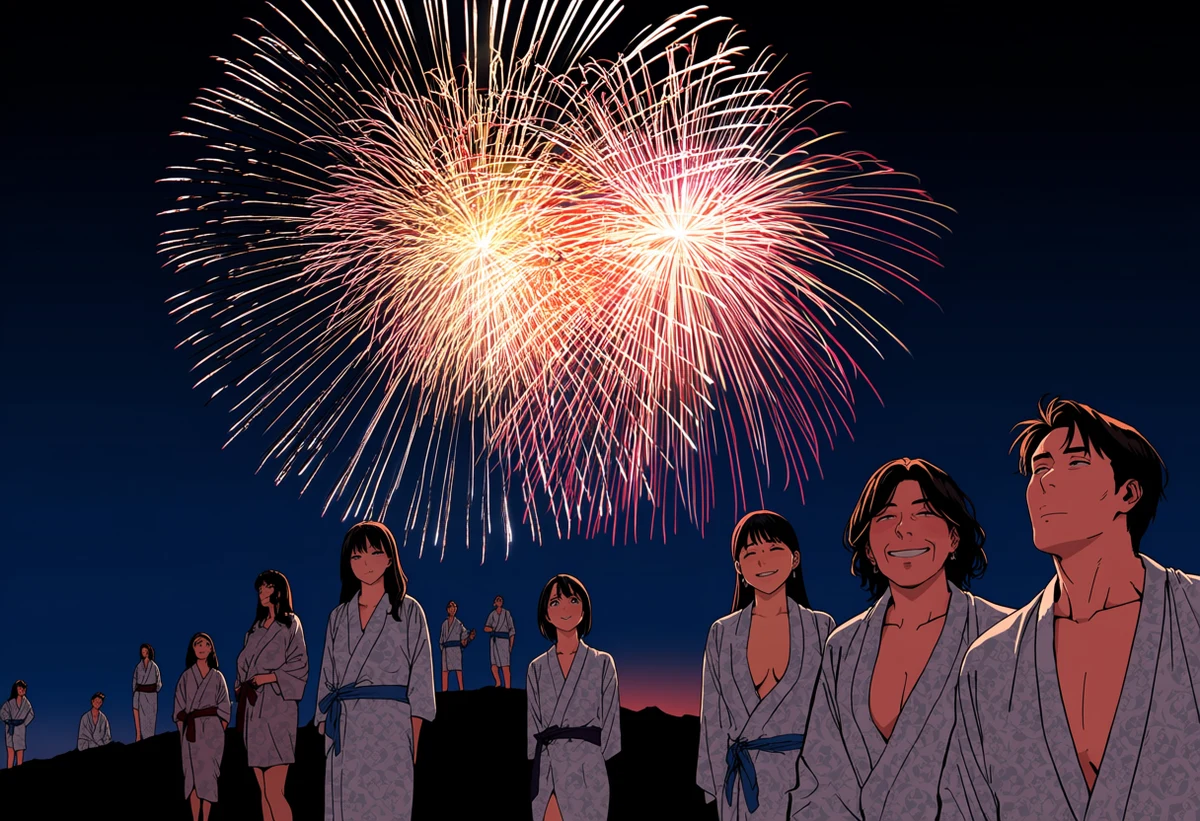 an adult couple age 32 and 37 in loosened yukata on a dark hillside as fireworks bloom overhead, coloured light washing over skin, adult anime art style