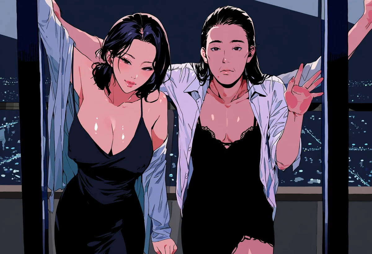 an adult woman age 33 in a black slip dress and an adult man age 36 in an open dress shirt pressed against floor-to-ceiling glass above night Seoul, glossy highlights, adult manhwa art style
