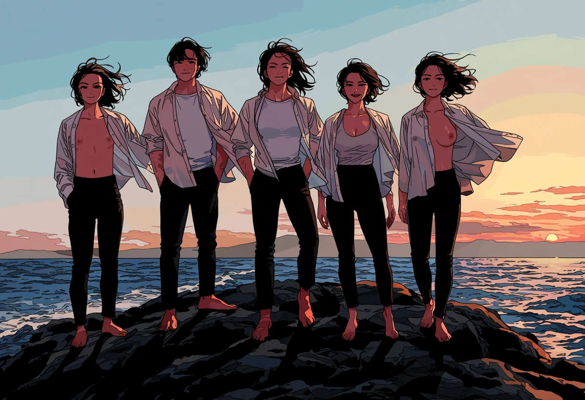 an adult couple age 33 and 37 in open shirts on black volcanic rock above the Jeju sea at sunset, wind-thrown hair, orange rim light, korean manhwa art style