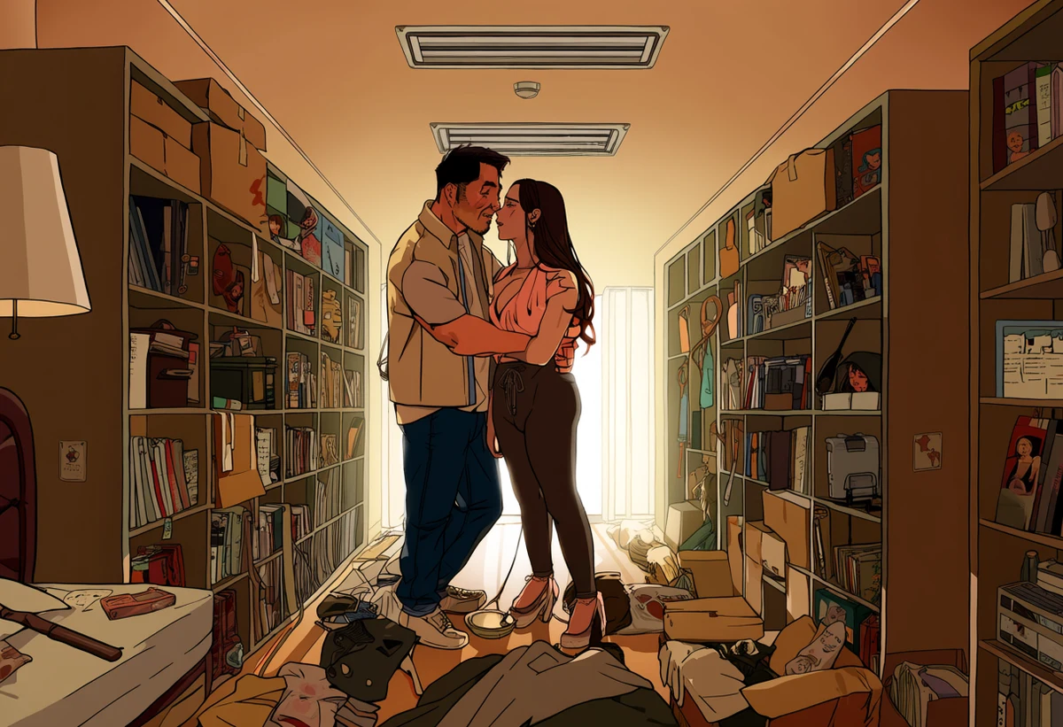 an adult couple age 33 and 35 holding each other in a half-packed apartment, boxes taped shut, one lamp left, grief and desire together, adult drama manhwa art style