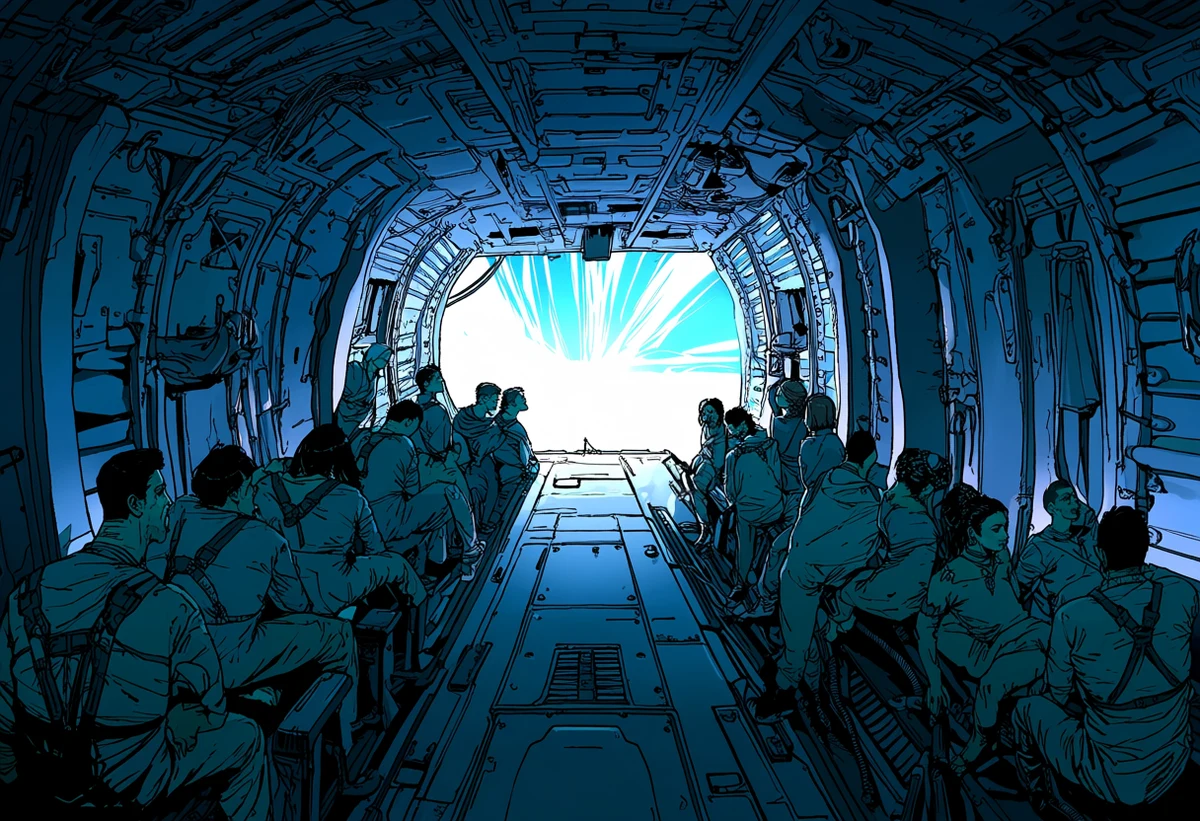 an adult couple age 36 and 34 in a cramped ship cabin as warp light streaks past the port, straps and bare skin, blue-white flare, adult sci-fi manhwa art style