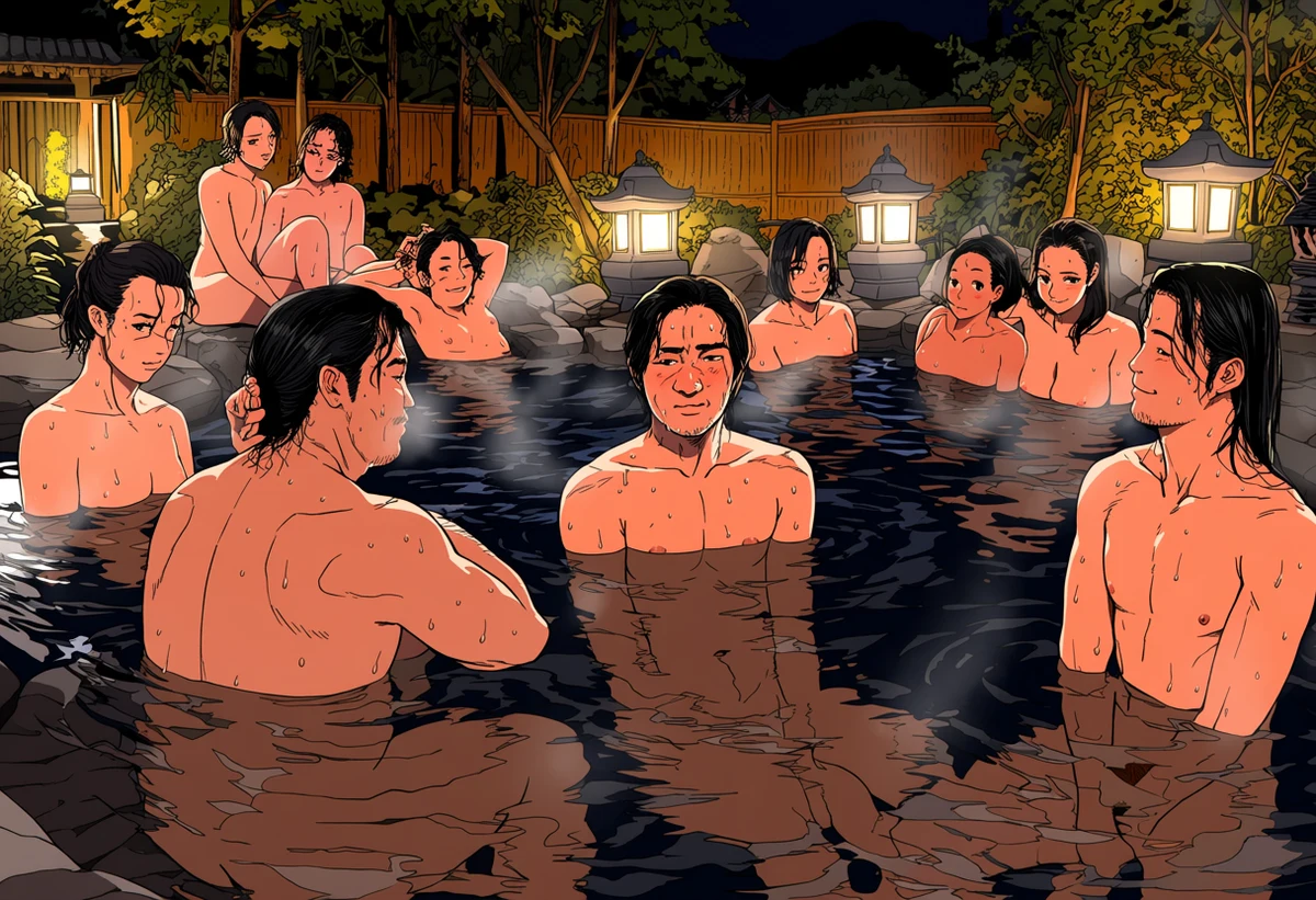 two adult men age 35 and 32 alone in a private outdoor onsen at night, steam and wet hair, stone lanterns, explicit gay adult manhwa art style