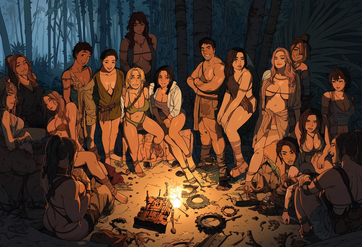 two adult treasure hunters age 37 and 34 in a jungle temple ruin at dusk, torchlight and dust, gear scattered, the charged aftermath of danger, adult adventure manhwa art style