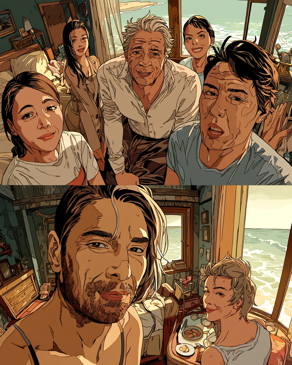 an adult couple age 54 and 50 in a coastal cottage bedroom, sea wind at the window, weathered skin, honest mature desire, mature adult manhwa art style