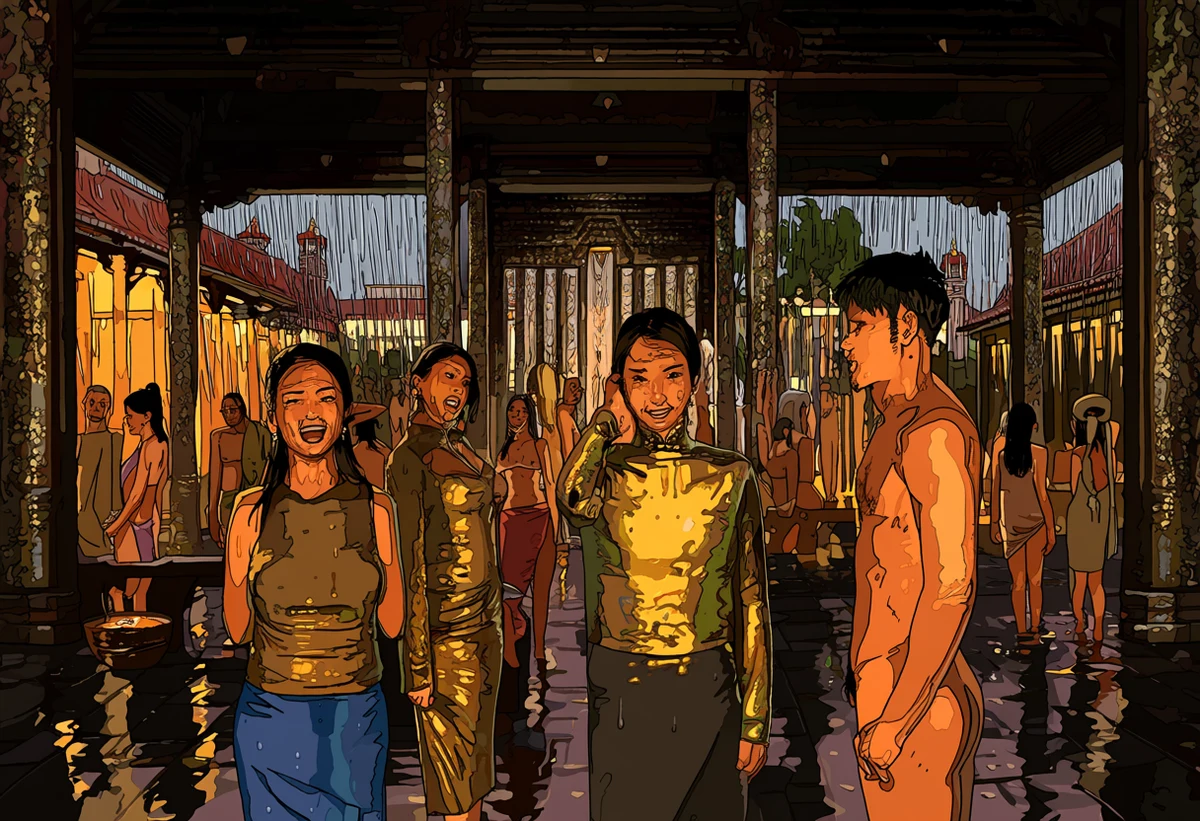 a Thai adult couple age 37 and 35 sheltering from rain in a quiet temple courtyard pavilion at dusk, soaked clothing, gold reflections, explicit adult illustration